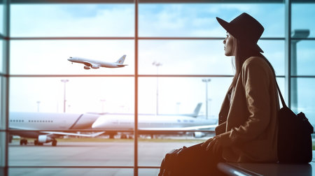 Generative AI shows a young woman waiting by a window at the airport with a suitcase.の素材