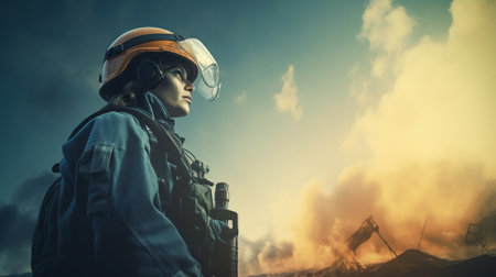 Generative AI, oil worker observing pipelines while standing beneath the skyの素材