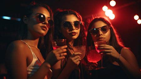 Drinking at a club party with three friends, Generative AIの素材