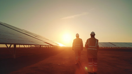 Engineers of different genders looking around a solar power plant's interior at sunset while using Generative AIの素材