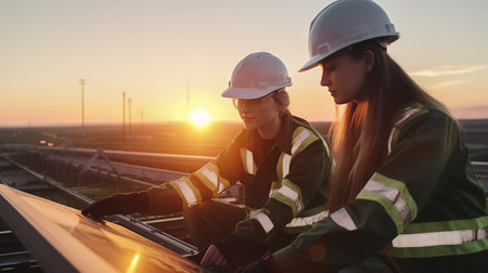 Engineers of different genders looking around a solar power plant's interior at sunset while using Generative AIの素材