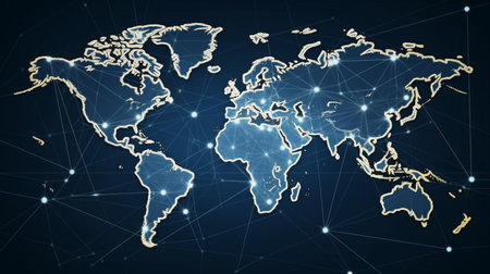 Distribution of the logistics network on a world map, Front-loaded logistics and transportation concept Container Cargo Freight Ship for Idea of Quick or Instant Shipping, Generative AIの素材