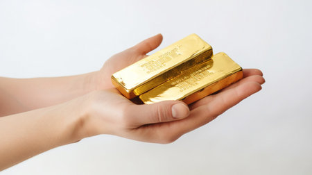 Generative AI, golden bars with a hand on a white backgroundの素材