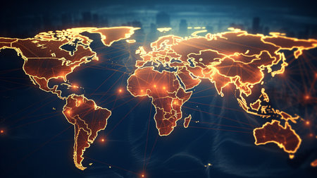 Distribution of the logistics network on a world map, Front-loaded logistics and transportation concept Container Cargo Freight Ship for Idea of Quick or Instant Shipping, Generative AIの素材