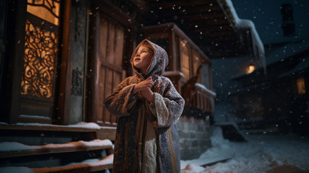 A sweet little girl dressed in a medieval caftan and cloak stands near a house on a cold winter night, gleefully blowing snow from her palms. Generative AI had a Christmas once.の素材