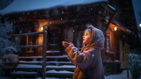 A sweet little girl dressed in a medieval caftan and cloak stands near a house on a cold winter night, gleefully blowing snow from her palms. Generative AI had a Christmas once.の素材