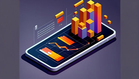 Application of Smartphone with business graph and analytics data on isometric mobile phone. Software development coding process concept and analysis trends. Cross-platform code testing, Generative AIの素材