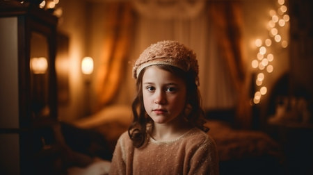 On Christmas Eve, a sweet little girl with brown hair standing in a festively pleasant room full with sparkling lights and hoping for a miracle, The Generative AIの素材