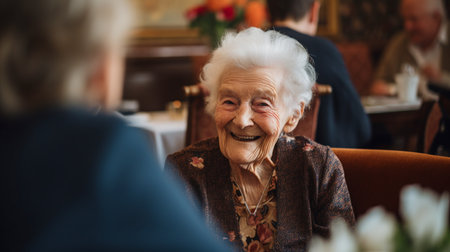 In a residential care facility, a content senior woman converses with her friends using Generative AI after lunch.の素材