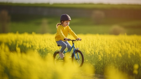 Generative AI of a joyful youngster riding a bike outside in a springtime green fieldの素材