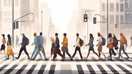 group of multiethnic individuals crossing a city roadway in a horizontal crosswalk using Generative AIの素材