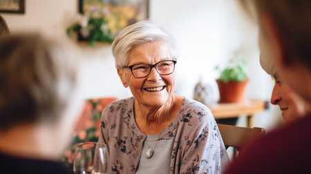 In a residential care facility, a content senior woman converses with her friends using Generative AI after lunch.の素材