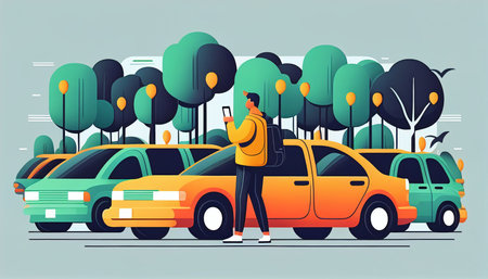 A smartphone user searches for ridesharing or carpooling. The Generative AIの素材