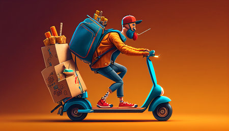 Generative AI guy courier using an electric push scooter while carrying a food delivery bagの素材