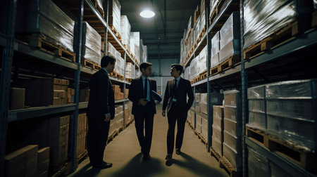 Supervisors in suits in charge of warehouse inventory, Generative AIの素材