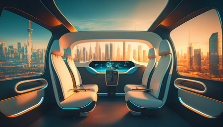 Driverless Autonomous Vehicle's futuristic cabin. autopilot Generative AI and Self-Driving Taxi Car in a Modern Cityの素材