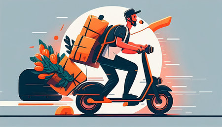 Generative AI guy courier using an electric push scooter while carrying a food delivery bagの素材