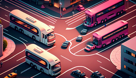 junction of a modern city with traffic. With the help of Generative AI, a self-driving sedan, delivery truck, and bus were connected.の素材