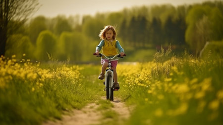 Generative AI of a joyful youngster riding a bike outside in a springtime green fieldの素材