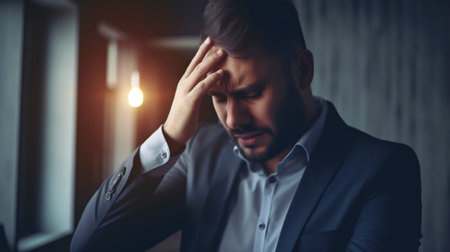 headache, a stressed-out businessperson working through an issue, or poor mental health. blurry migraine, worry, or a frustrated, overworked employee, The Generative AIの素材