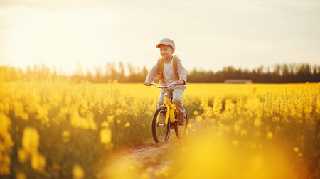 Generative AI of a joyful youngster riding a bike outside in a springtime green fieldの素材