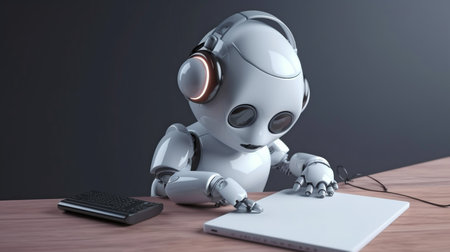 Generative AI and an adorable robot operating with a headsetの素材