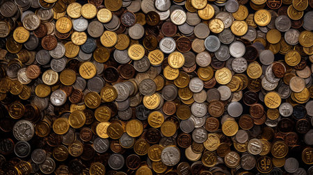 Backdrop built with stacked bitcoin cryptocurrency coins and Generative AI.の素材