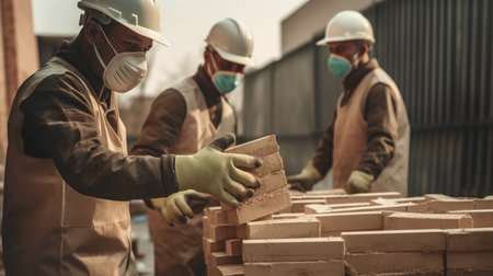 White male construction workers wearing gloves hold building materials, Generative AIの素材