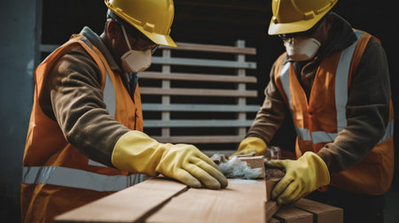White male construction workers wearing gloves hold building materials, Generative AIの素材