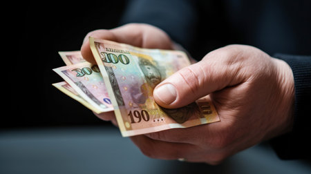 Businessman with a wallet in his hands withdrawing money from his pocket, Generative AIの素材