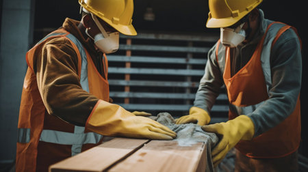 White male construction workers wearing gloves hold building materials, Generative AIの素材
