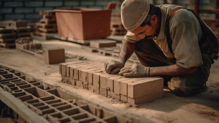 Generative AI construction worker putting bricks with cementの素材