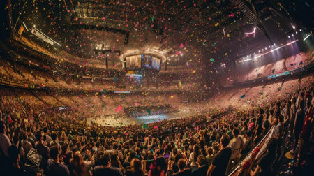 A vibrant party with plenty of people in an arena, lights, confetti, a long lens, and Generative AIの素材
