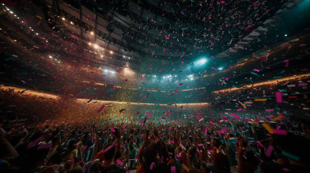 A vibrant party with plenty of people in an arena, lights, confetti, a long lens, and Generative AIの素材