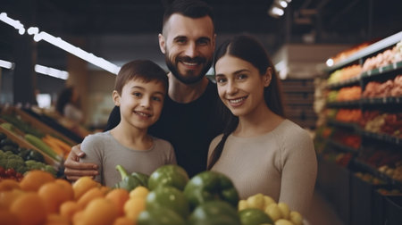 Generative AI, happy family shopping at the supermarketの素材