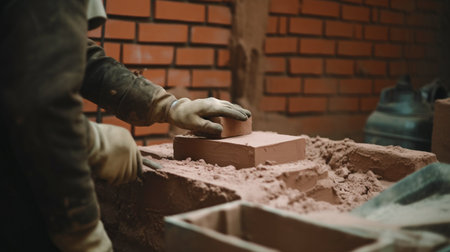 Generative AI construction worker putting bricks with cementの素材
