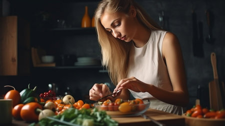 Generative AI, a daydreaming housewife making a veggie salad in the kitchenの素材