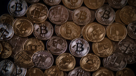 Backdrop built with stacked bitcoin cryptocurrency coins and Generative AI.の素材