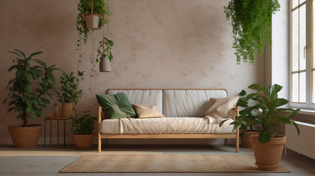 Generative AI interior of a living area with a sofa and green plantsの素材