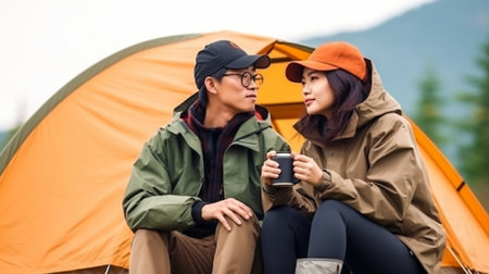 Generative AI is used by an Asian couple who is enjoying coffee while camping outside.の素材