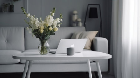 Generative AI interior of a chic living room with a contemporary laptop and a vase of flowers on the coffee tableの素材
