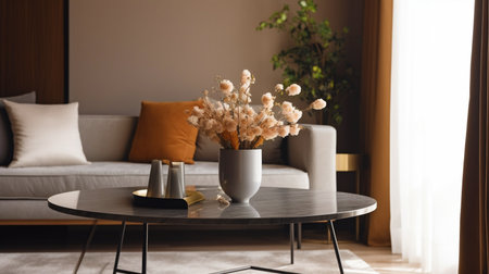 Generative AI interior of a chic living room with a contemporary laptop and a vase of flowers on the coffee tableの素材