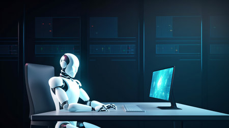 The robot uses a laptop and Generative AI.の素材