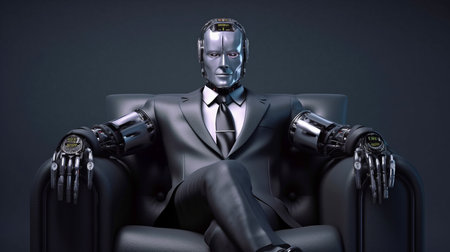 Generative AI, Artificial Intelligence Concept Design, Robotic Businessman Sitting on Leather Sofaの素材