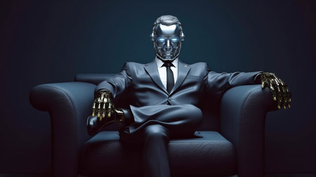 Generative AI, Artificial Intelligence Concept Design, Robotic Businessman Sitting on Leather Sofaの素材