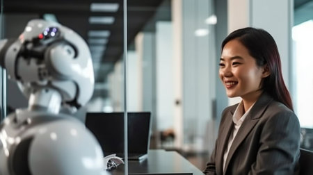 Generative AI and a young executive using a robot in the workplaceの素材