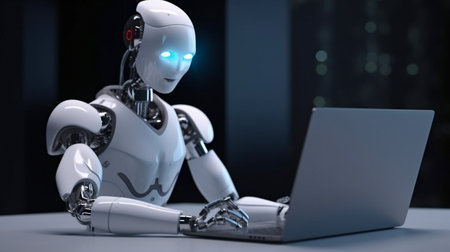 The robot uses a laptop and Generative AI.の素材