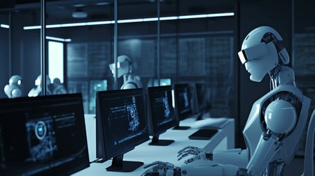 The robot uses a laptop and Generative AI.の素材