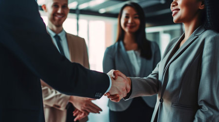 In the Smilecore, Generative AI style, executives shake hands with each other to honor their respective companies' accomplishments.の素材
