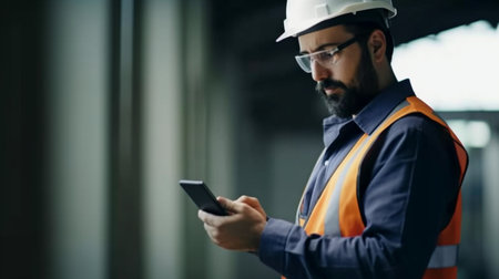 A depiction of an industrial man engineer with a smartphone in a plant, Generative AIの素材